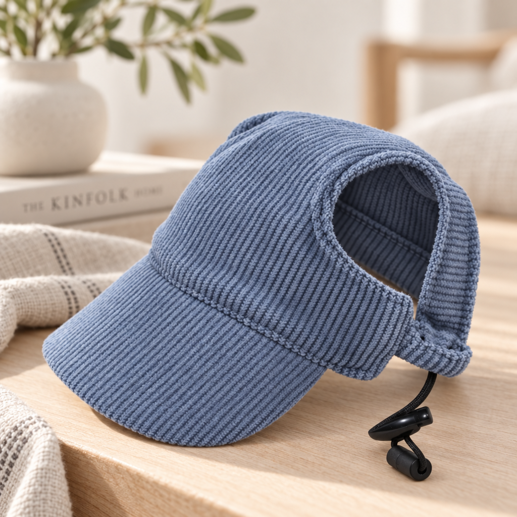 Casquette Côtelée Gaston bleu ardoise posée à plat sur du lin, vue de dessus, côtes du velours et cordon déroulé