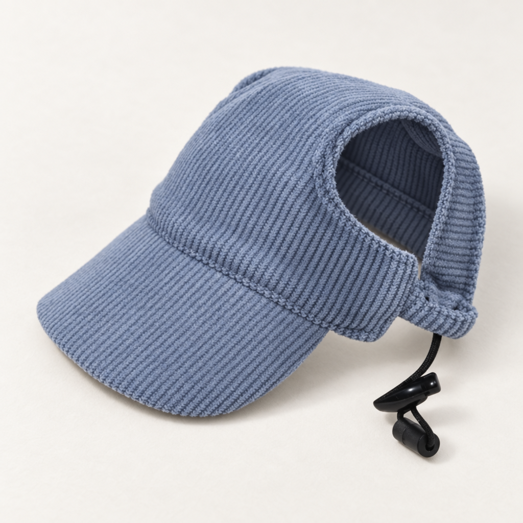 Casquette Côtelée Gaston bleu ardoise seule, côtes du velours, arête de visière et bloqueur noir