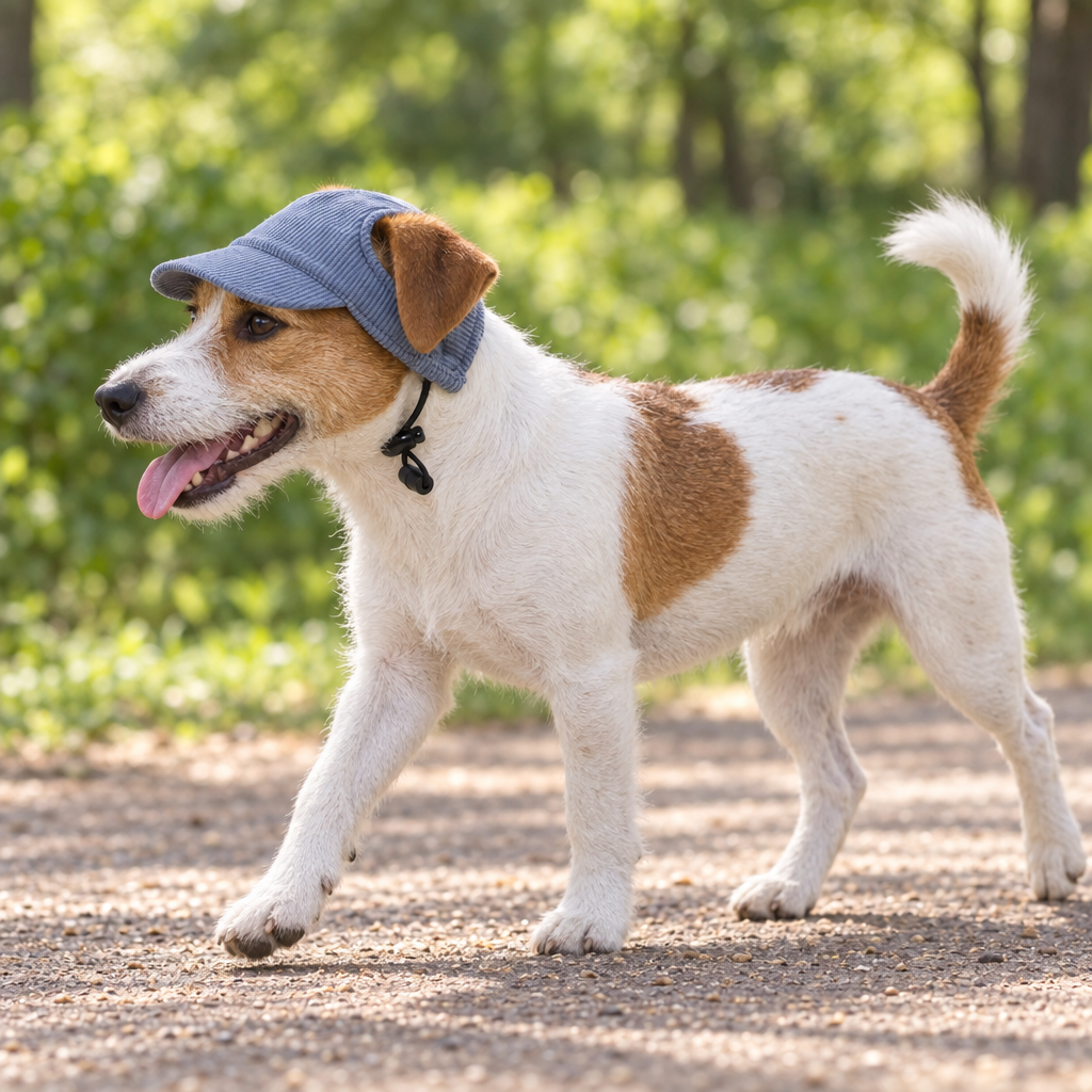 Chien en promenade portant la Casquette Côtelée Gaston bleu ardoise, visière courte face au soleil