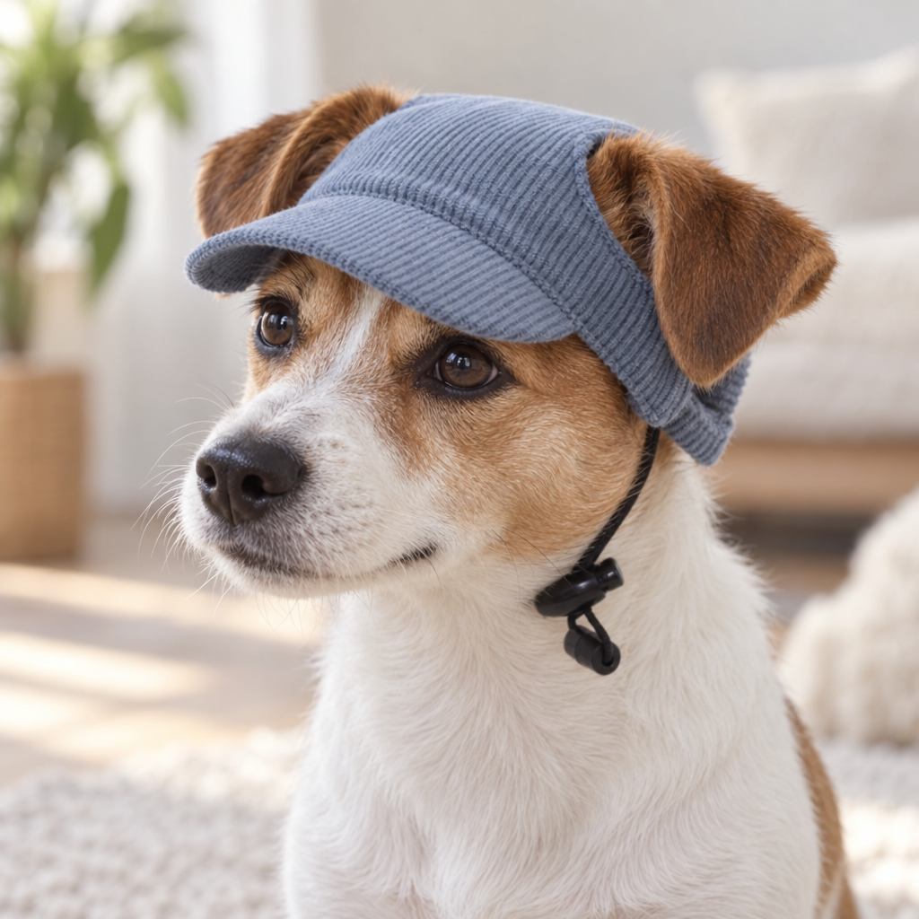 Chien portant la Casquette Côtelée Gaston bleu ardoise, oreilles passant par les ouvertures, cordon à bloqueur sous le menton
