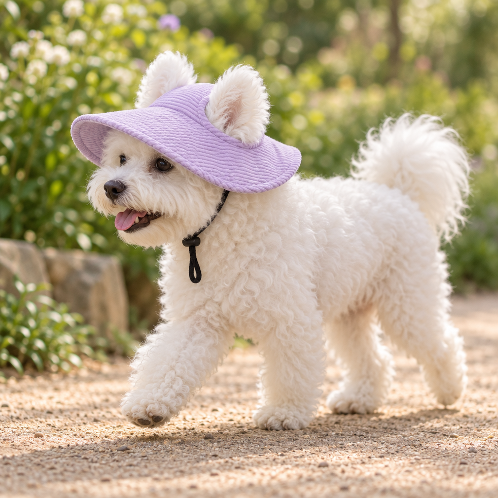 Chien blanc en promenade sur une allée de jardin, coiffé du chapeau Gaston parme, oreilles sorties par les ouvertures