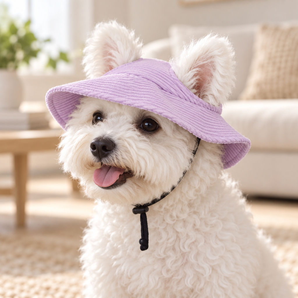 Chien blanc portant le chapeau Gaston parme, les oreilles passées dans les deux ouvertures, bord tout autour de la tête