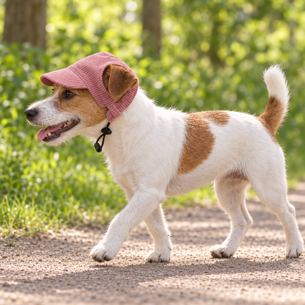 Chien en promenade portant la Casquette Côtelée Gaston rose poudré, visière courte face au soleil