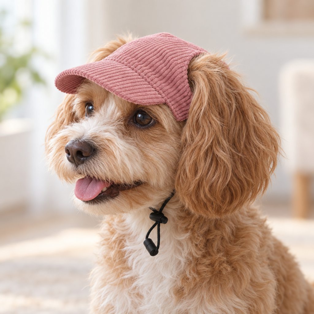 Chien portant la Casquette Côtelée Gaston rose poudré, oreilles passant par les ouvertures, cordon à bloqueur sous le menton