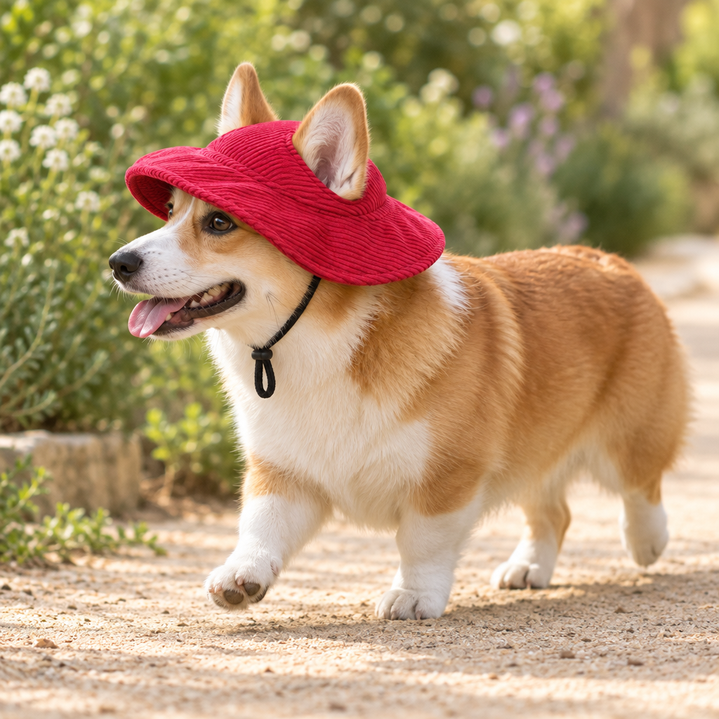 Corgi en promenade sur une allée de jardin, coiffé du chapeau Gaston rouge cerise, oreilles sorties par les ouvertures