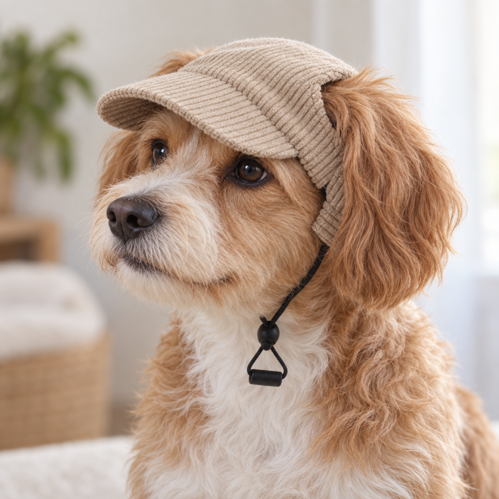 Chien portant la Casquette Côtelée Gaston sable, oreilles passant par les ouvertures, cordon à bloqueur sous le menton