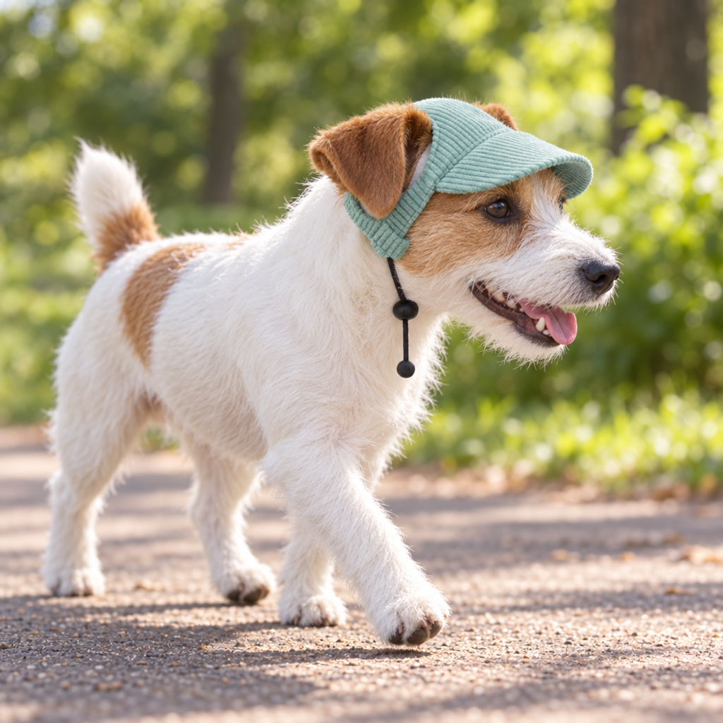 Chien en promenade portant la Casquette Côtelée Gaston vert amande, visière courte face au soleil