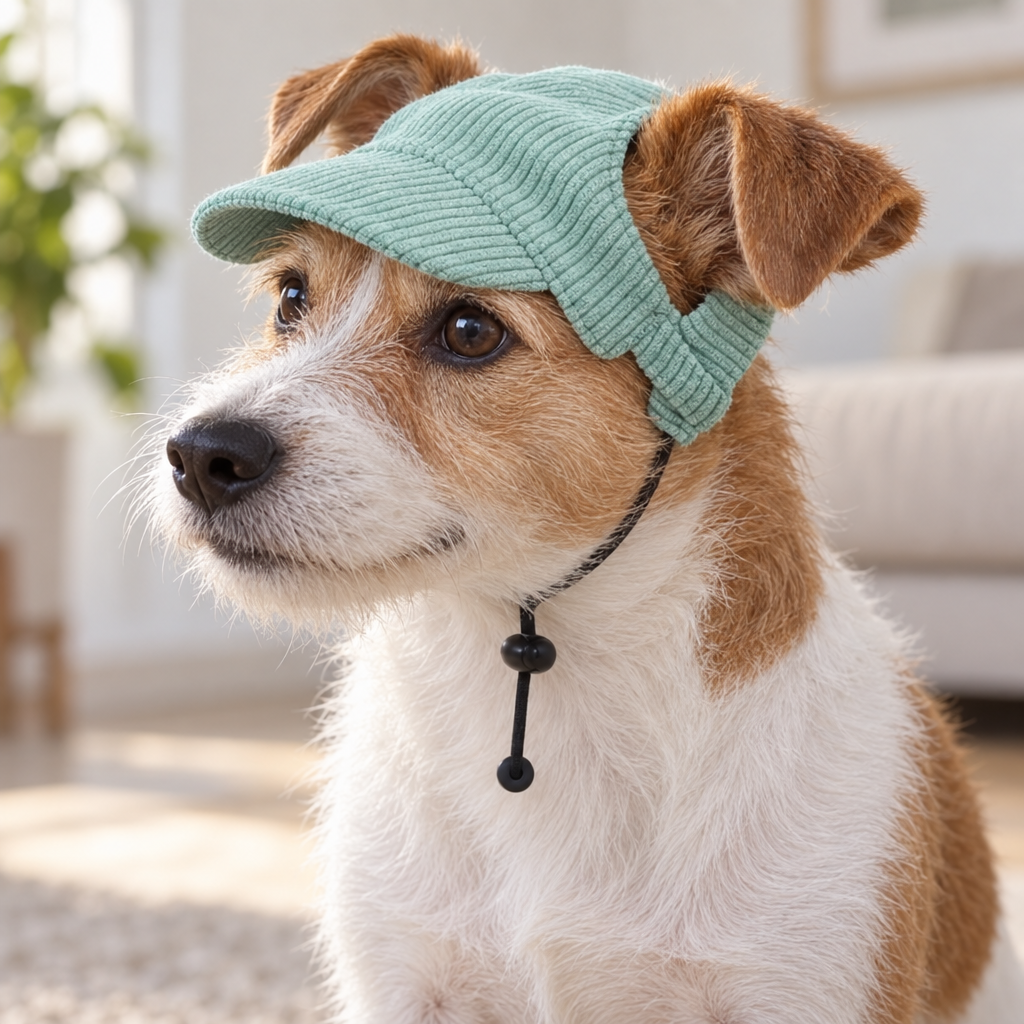 Chien portant la Casquette Côtelée Gaston vert amande, oreilles passant par les ouvertures, cordon à bloqueur sous le menton