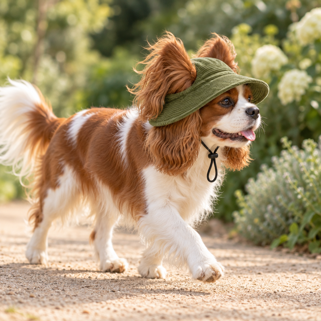 Épagneul en promenade sur une allée de jardin, coiffé du chapeau Gaston vert kaki