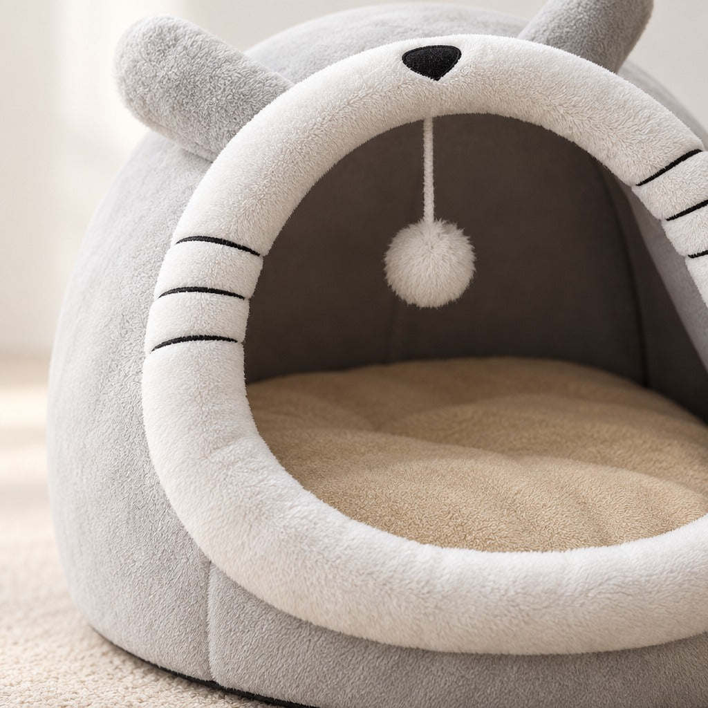 Gros plan du bourrelet de peluche du cocon pour chat gris perle et de son coussin sable.