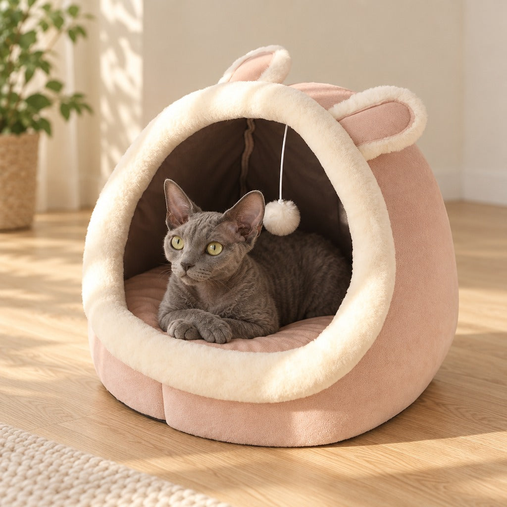 Chat devon rex bleu couché dans le cocon rose poudré, les pattes avant croisées.