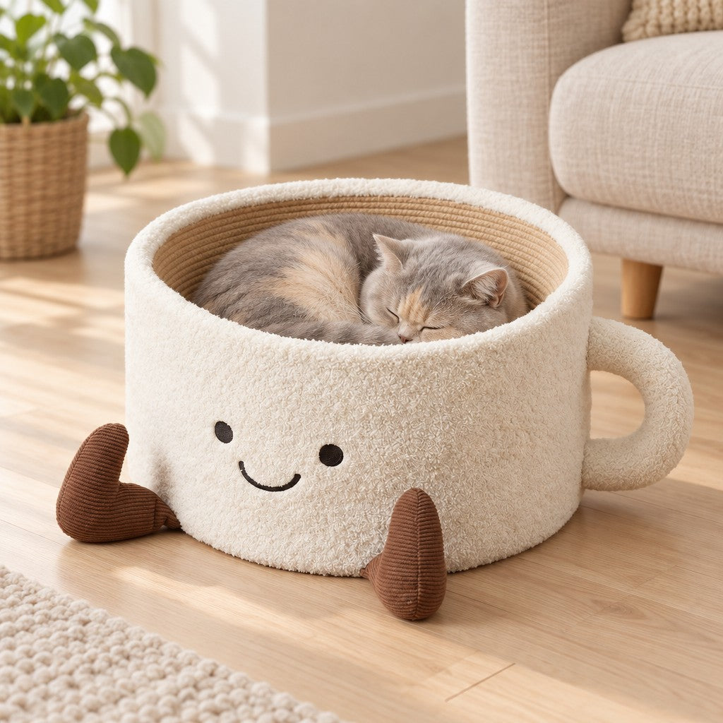 Chat gris et crème endormi au fond du cocon, sur le cordage beige, la tasse posée sur un parquet clair.