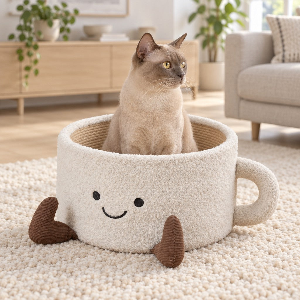 Chat brun clair assis bien droit dans le cocon, la tête et les épaules au-dessus du bord bouclé, sur un tapis en laine.
