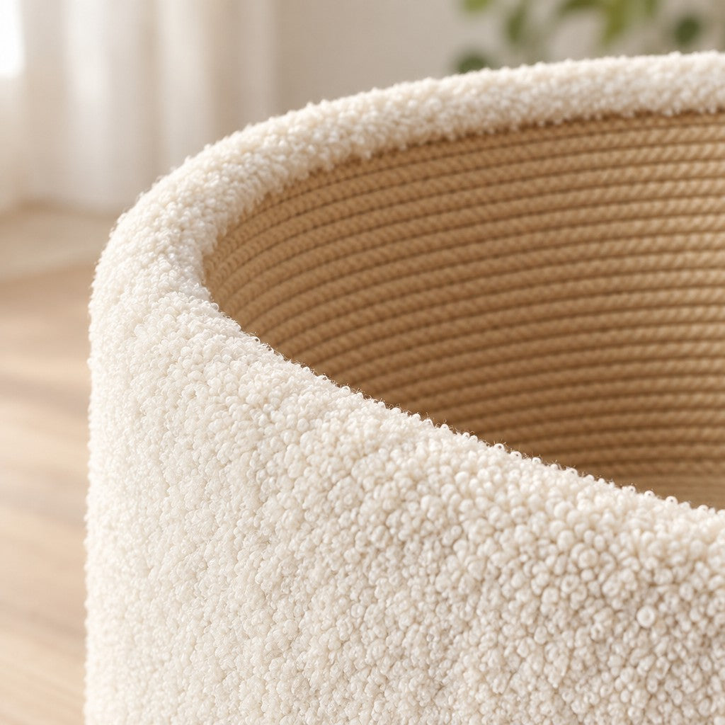 Gros plan sur le bord du cocon, la peluche bouclée crème de la paroi extérieure et les spires de corde beige qui tapissent l'intérieur.