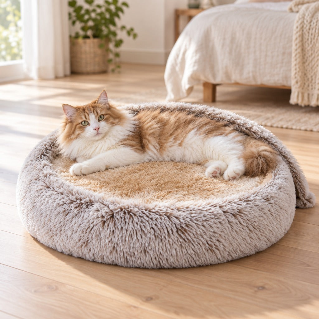 Chat roux et blanc à poil long allongé sur le matelas camel poil long du cocon brun chiné, capot rabattu à l'extérieur du cercle.