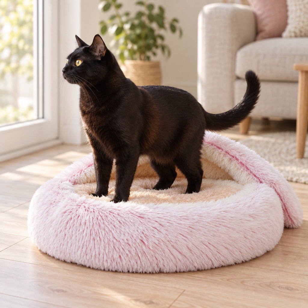 Chat noir bombay debout sur le matelas abricot poil long du cocon rose poudré, capot rabattu à l'extérieur du cercle.