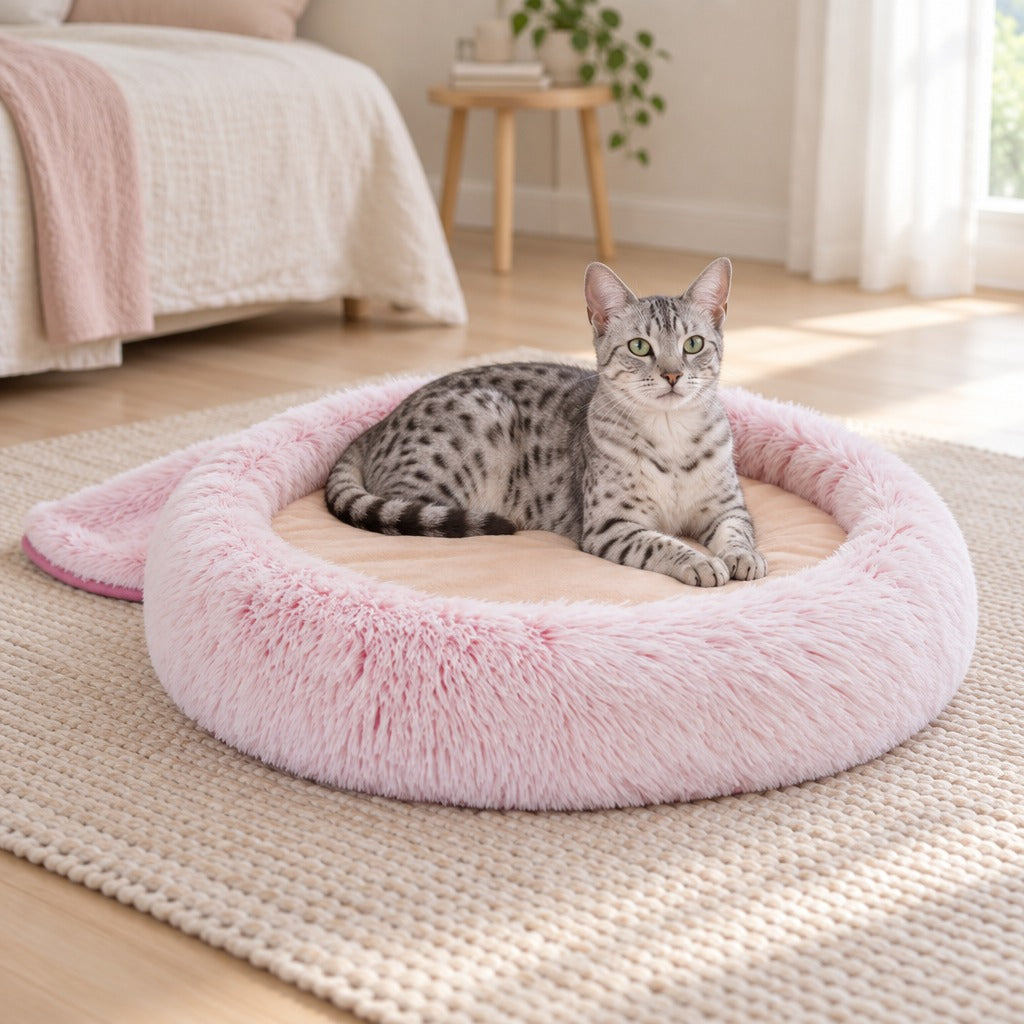 Chat mau égyptien en position du sphinx sur le matelas pêche ras du cocon rose poudré, capot rabattu à plat à l'extérieur du cercle.