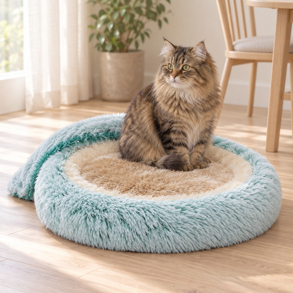 Chat tigré brun assis sur le matelas camel poil long du cocon vert d'eau, capot rabattu à l'extérieur du cercle.