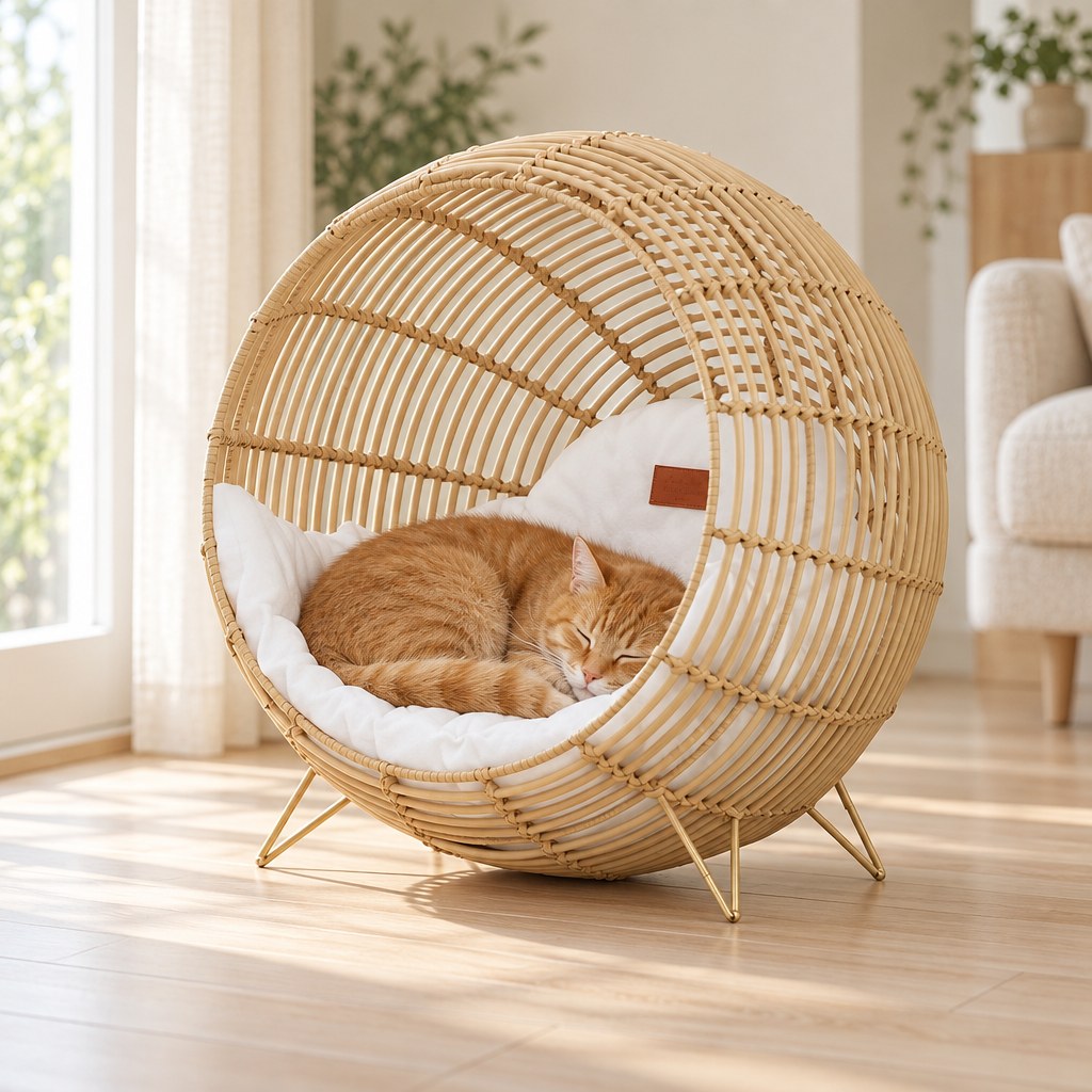 Le cocon en rotin dans un salon, un chat roux endormi sur le coussin blanc