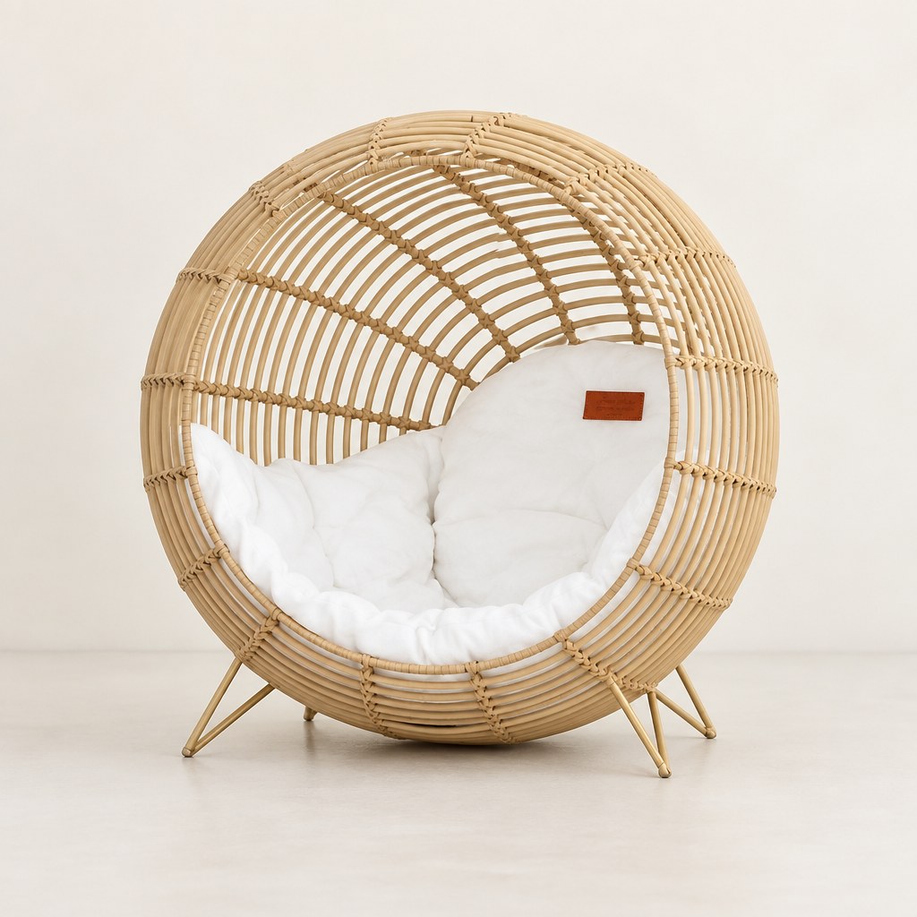 Le cocon vu de face : coque en rotin côtelé, ouverture ronde, coussin blanc et quatre pieds