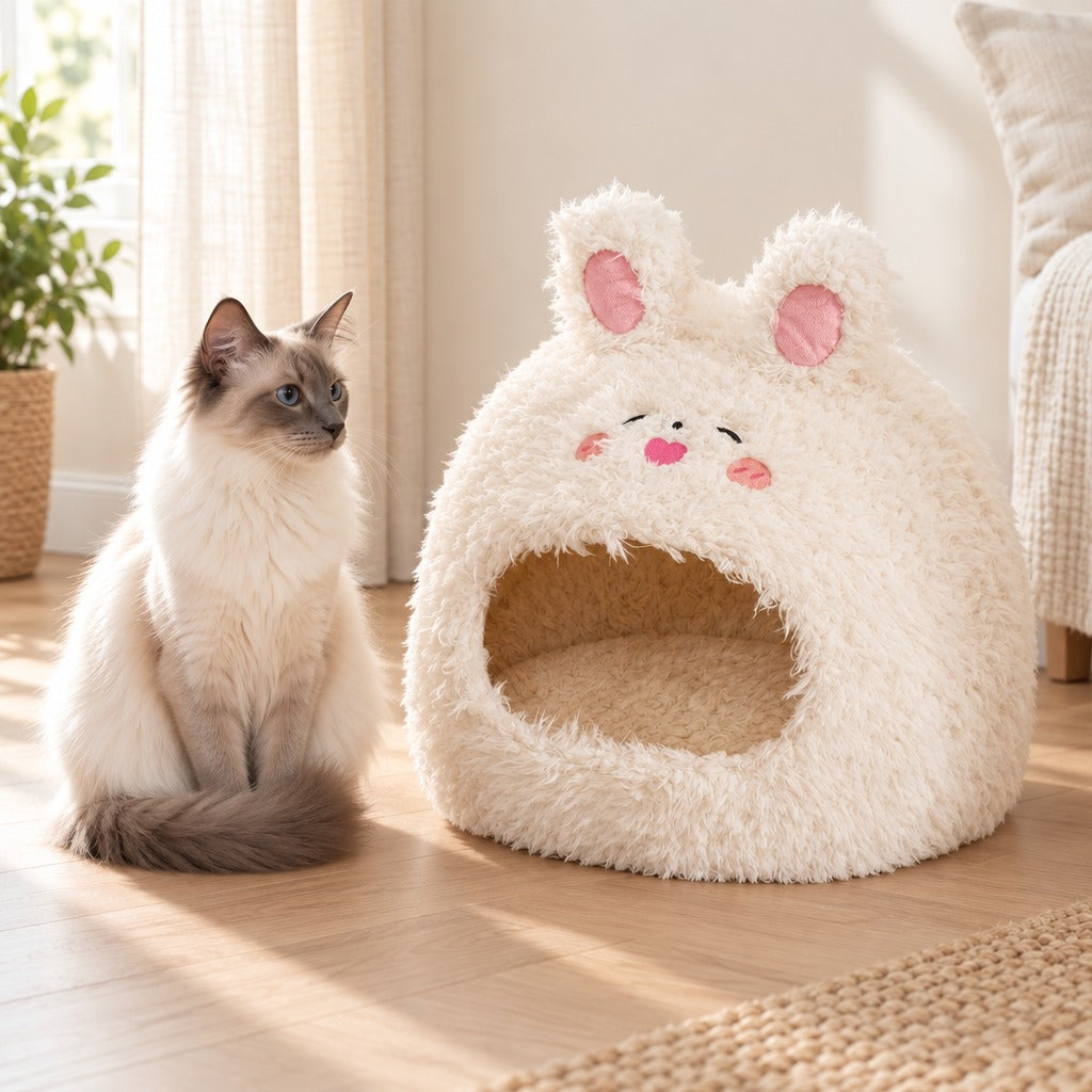 Un chat crème assis bien droit à côté du cocon écru lapin, dans un coin de chambre lumineux.