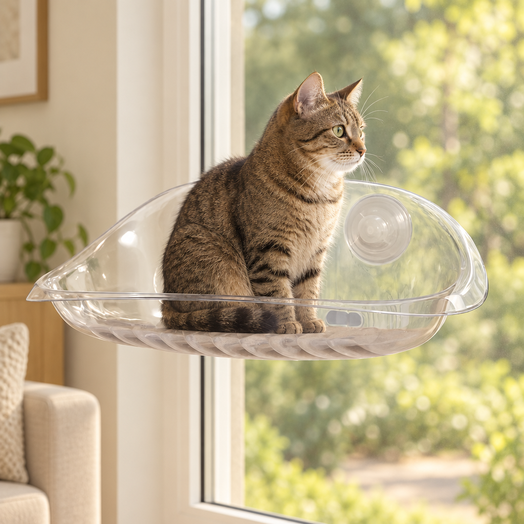 Chat tigré assis dans le hamac transparent fixé sur une fenêtre