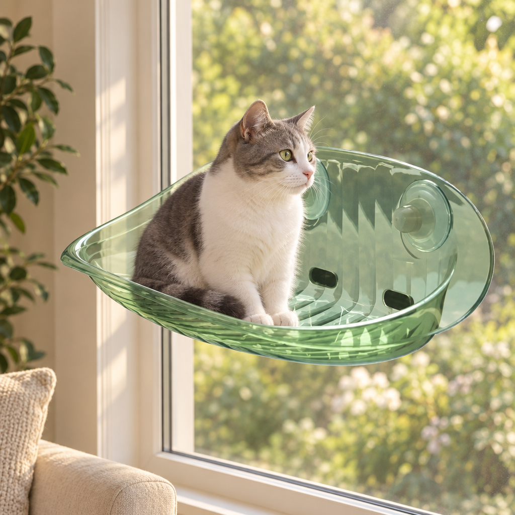 Chat gris et blanc assis dans le hamac vert d'eau fixé sur une fenêtre