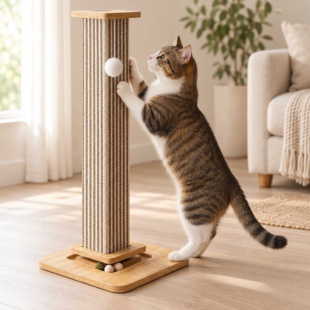 La colonne rayée dans un salon, un chat dressé qui griffe une face en sisal