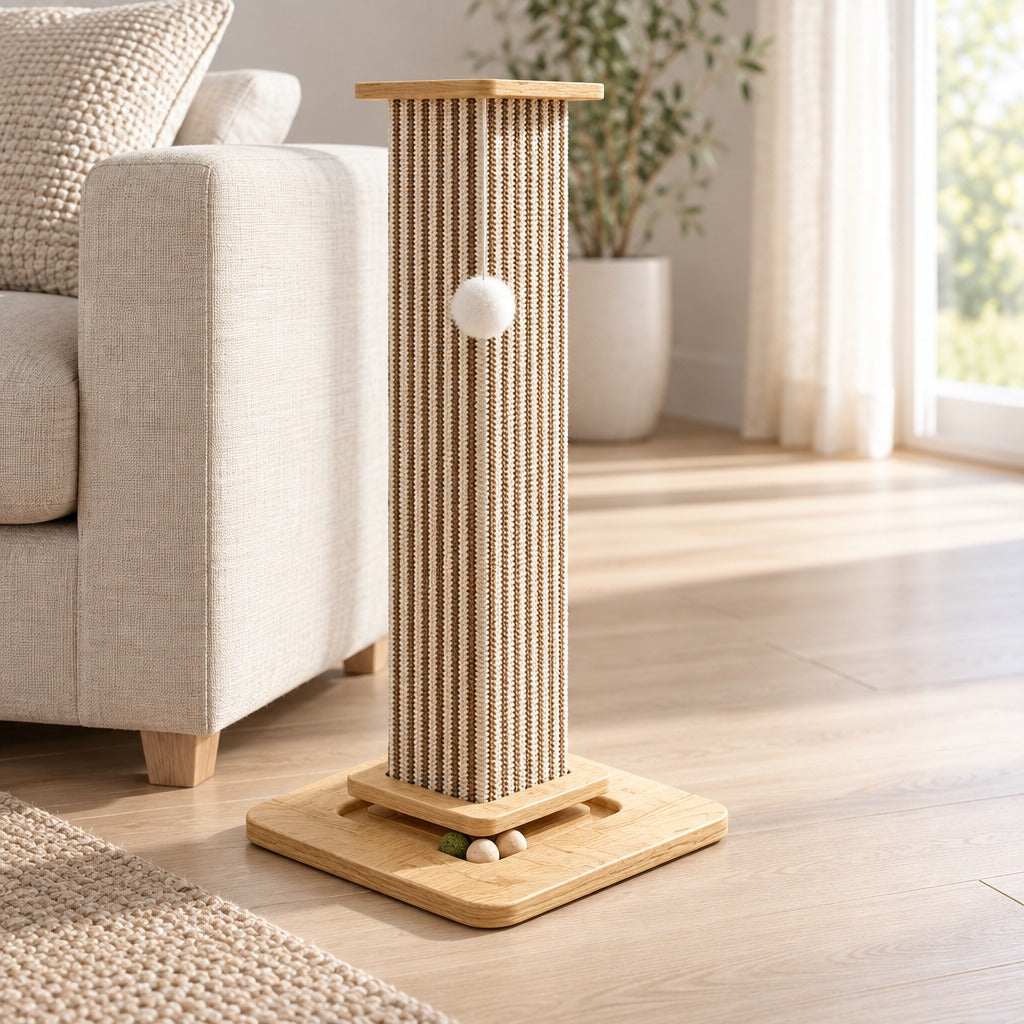 La colonne de 66 cm posée au coin d'un canapé en lin