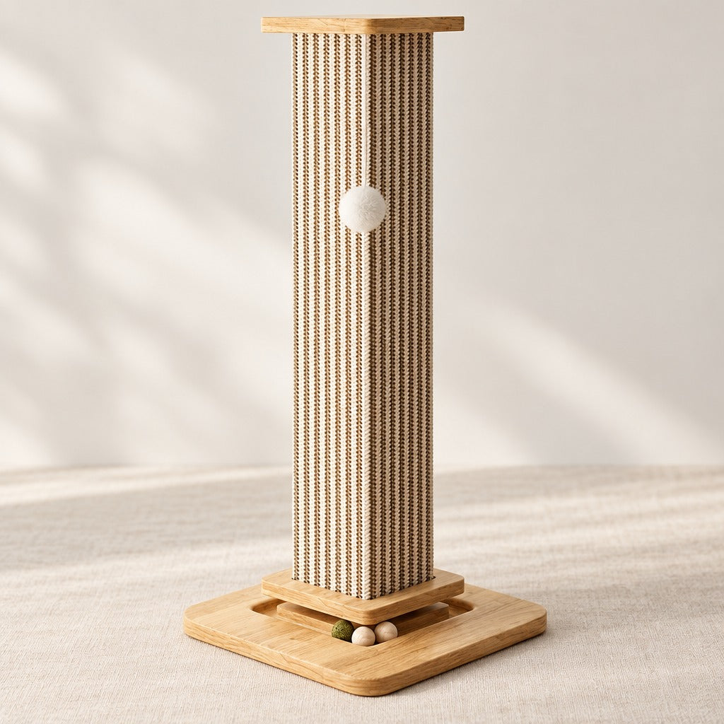 La colonne rayée vue de face : socle à piste de balles, colonne en sisal, chapeau et pompon