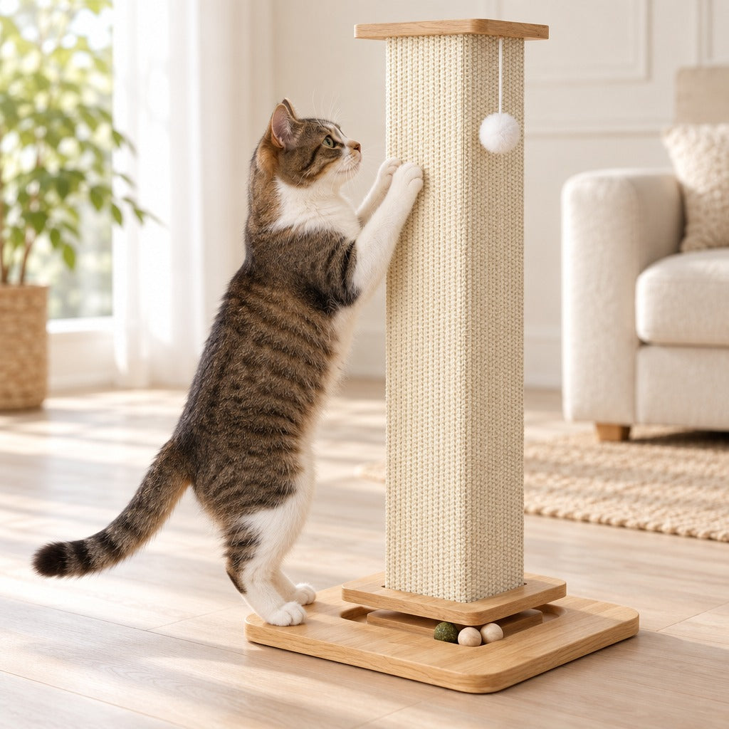 La colonne écrue dans un salon, un chat dressé qui griffe une face en sisal