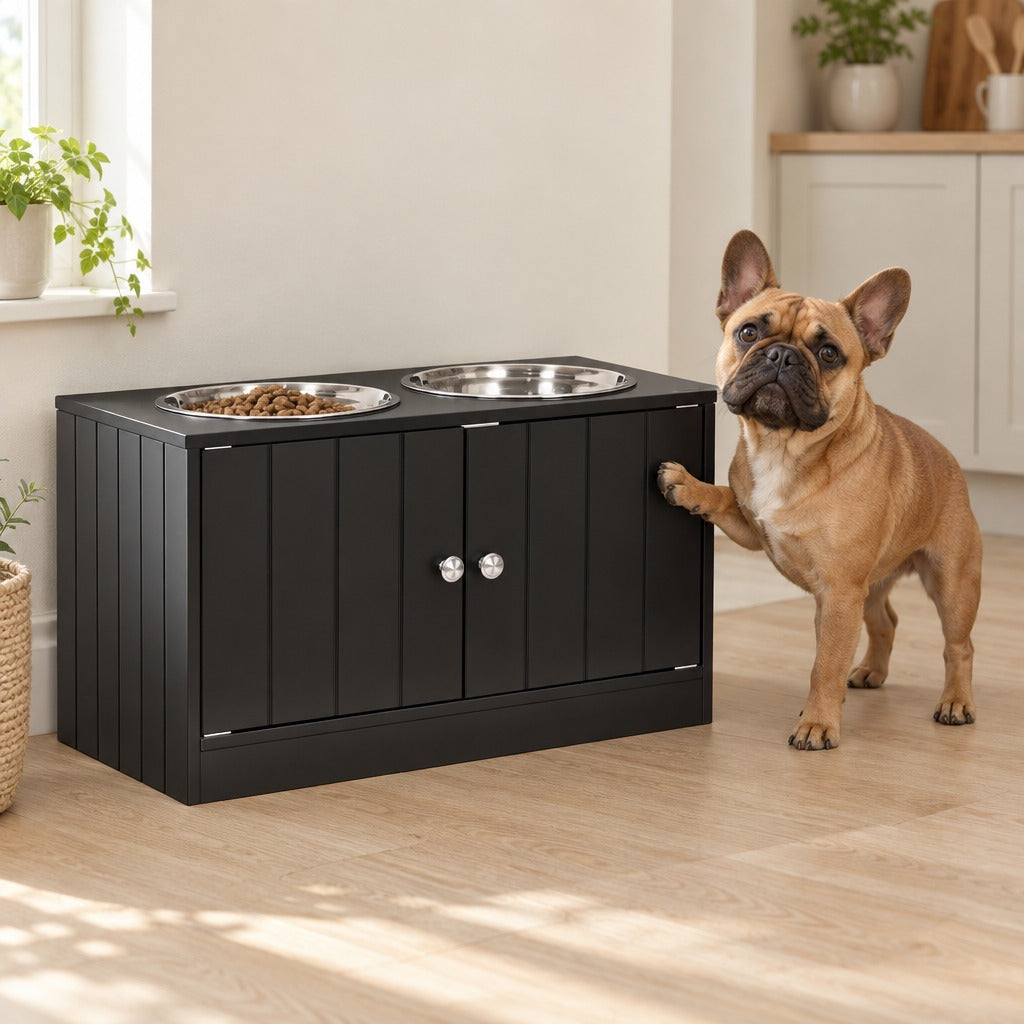 Bouledogue français fauve debout à droite du comptoir à gamelles coloris Noir, une patte avant posée contre le flanc du meuble, ses deux gamelles en acier en place.