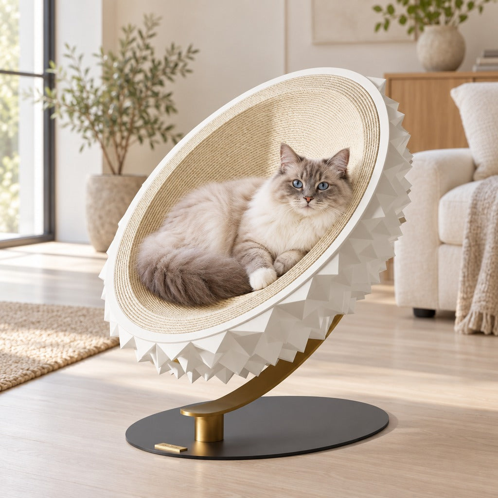 La coque blanche dans un salon clair, un chat couché sur le disque de sisal