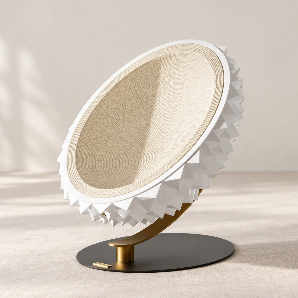 La coque blanche vue de trois quarts : socle ovale, bras courbe et disque de sisal