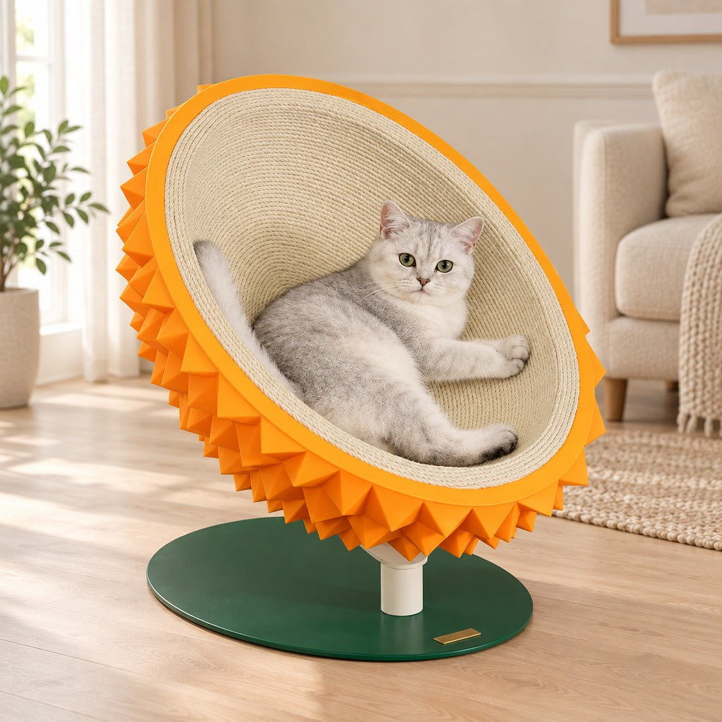 La coque ambre sur socle vert foncé, un chat couché à l'intérieur