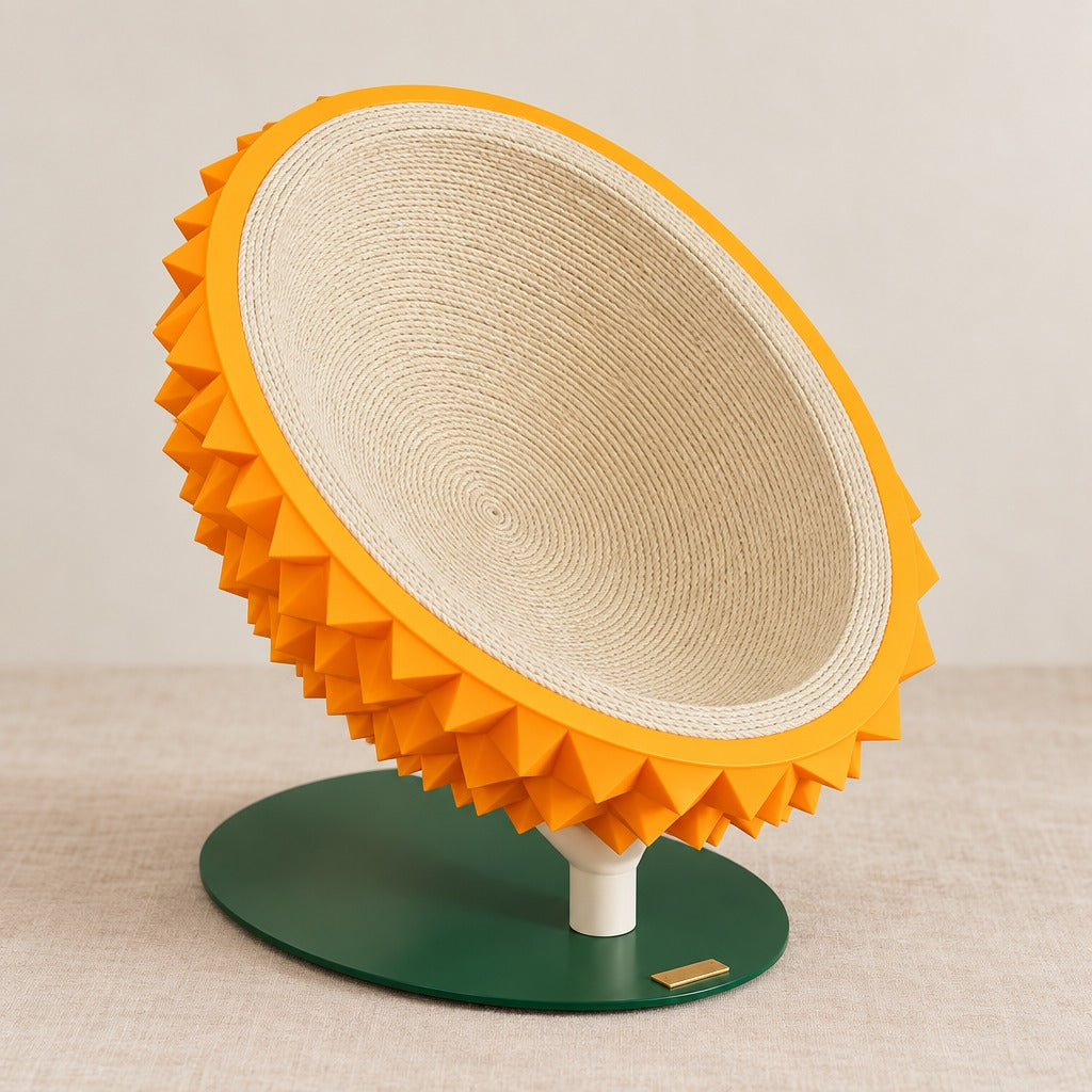 La coque ambre vue de trois quarts, socle vert foncé et disque de sisal