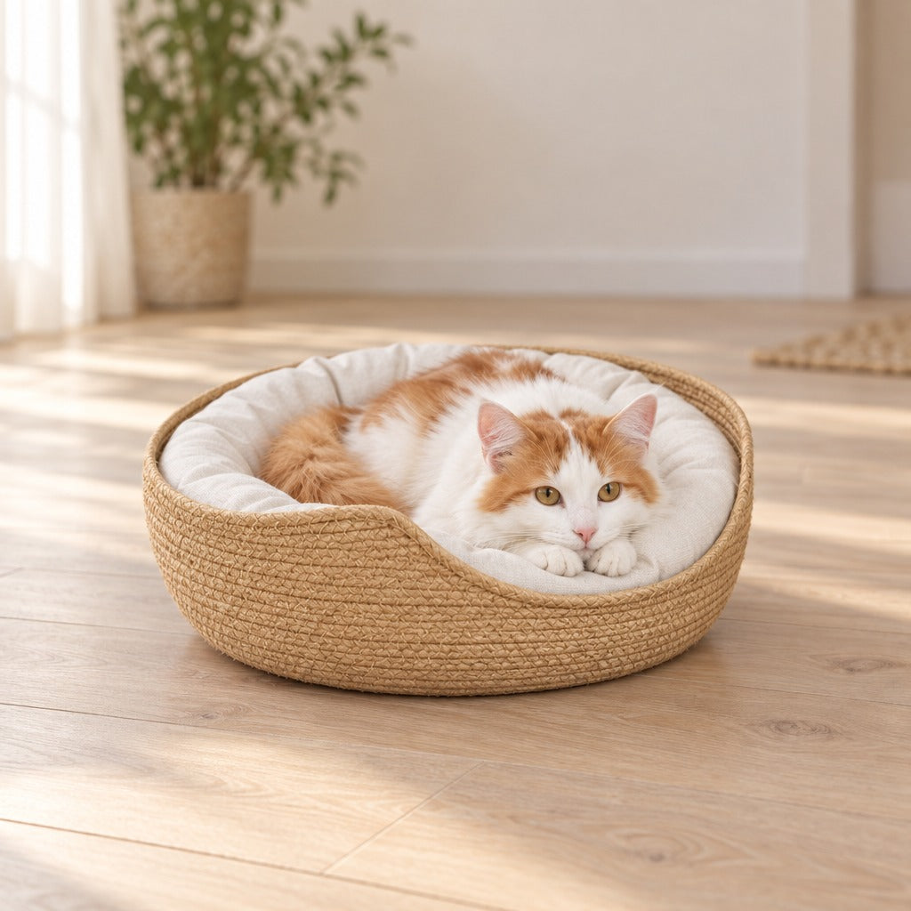 Chat blanc et roux couché dans la corbeille tressée coloris Sable, le menton posé sur ses pattes avant, sur un parquet clair.