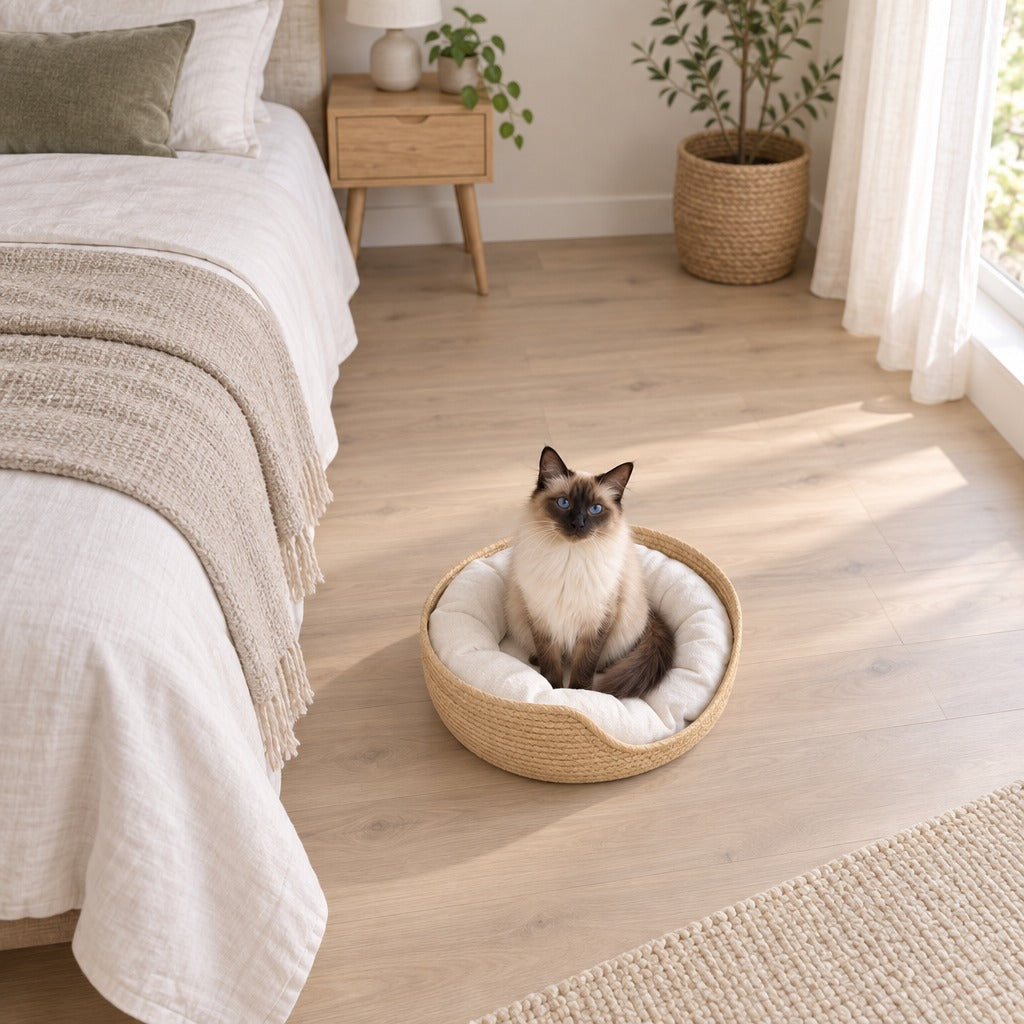 Chat seal point assis dans la corbeille tressée coloris Sable posée au pied d'un lit, dans une chambre claire.