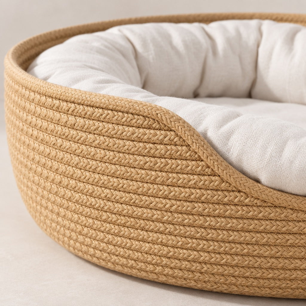 Gros plan sur la paroi de la corbeille pour chat coloris Sable, spires de cordelette horizontales et cordon de finition du bord.