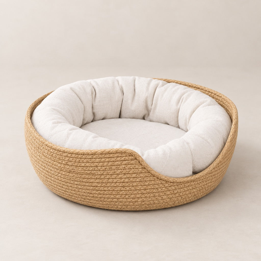 Corbeille pour chat coloris Sable vue de trois quarts, coussin blanc cassé en place, sur fond neutre.