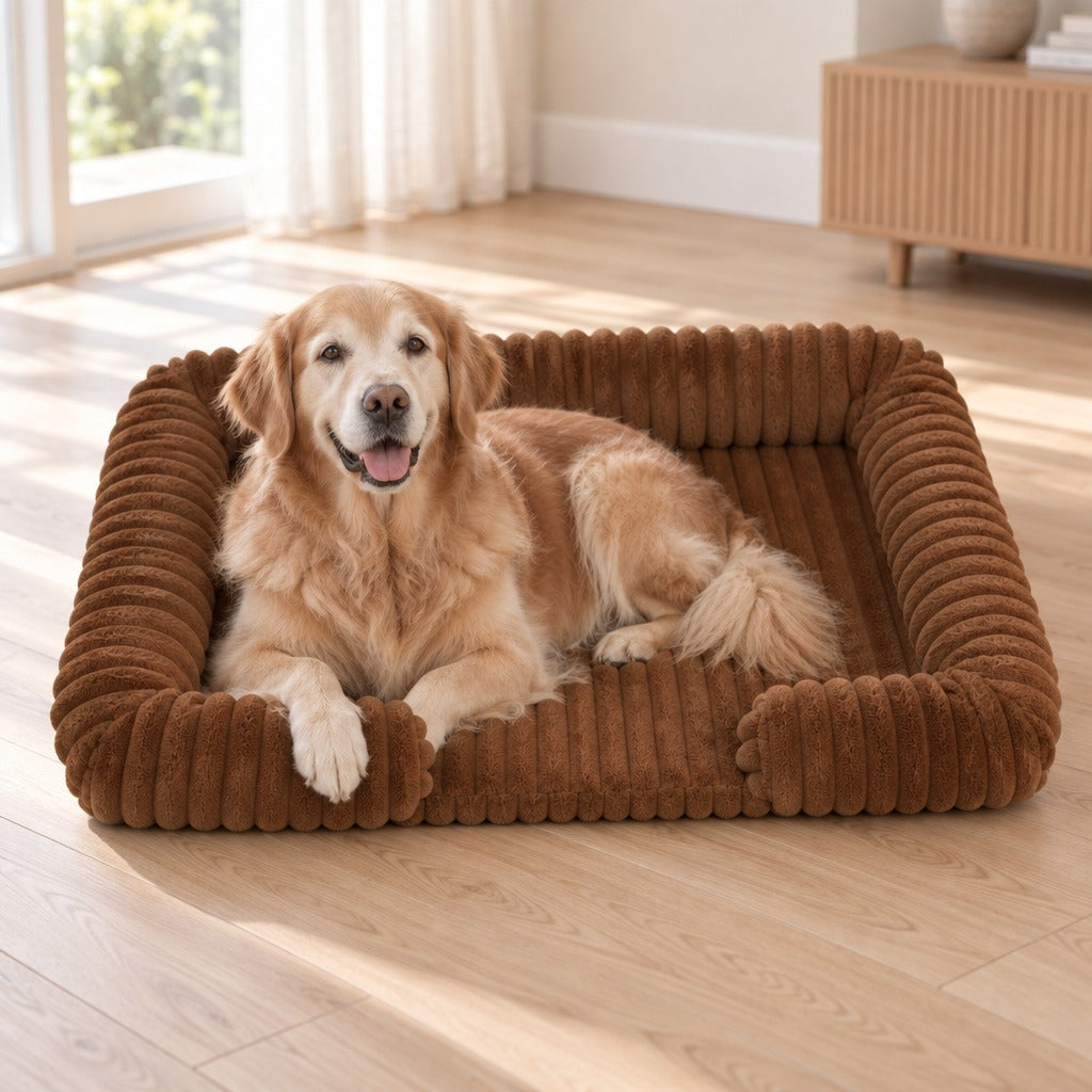 Golden retriever couché dans la corbeille coloris chocolat, une patte avant posée sur le rebord.