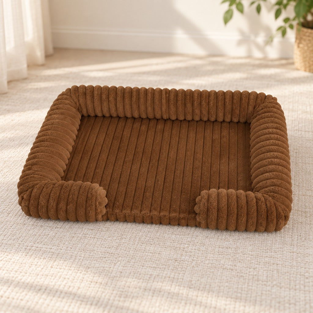Corbeille pour chien coloris chocolat, seule sur un tapis écru près d'une plante verte.