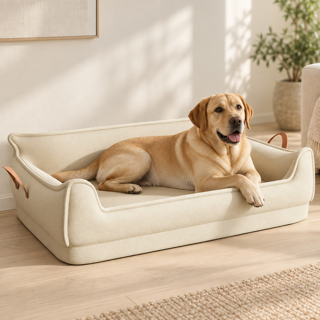 Un labrador fauve couché sur le ventre dans la corbeille beige craie, dans un salon clair au parquet blond.