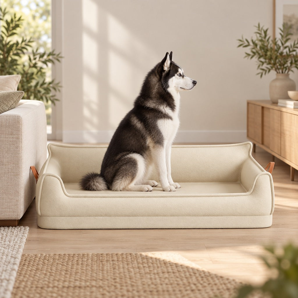 Un husky sibérien noir et blanc assis bien droit de profil dans la corbeille beige craie, au milieu d'un salon lumineux.