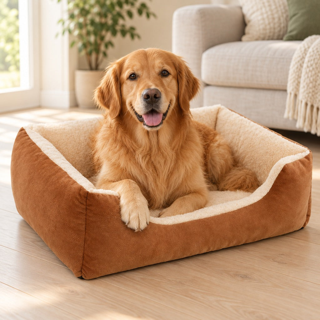 Golden retriever assis dans la corbeille moelleuse caramel, une patte posée sur la paroi avant échancrée, devant un canapé en lin.