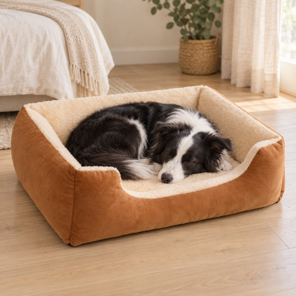 Border collie noir et blanc endormi en boule dans la corbeille moelleuse caramel posée au pied d'un lit.