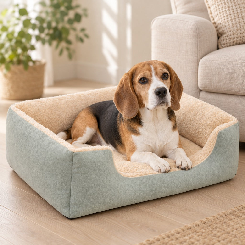 Beagle tricolore couché en sphinx dans la corbeille moelleuse vert céladon, près d'un canapé en lin.