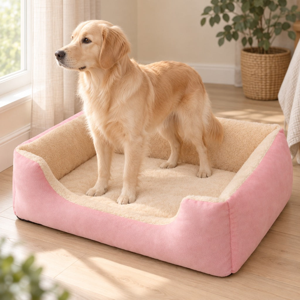 Golden retriever crème debout dans la corbeille moelleuse rose poudré, la tête tournée vers la fenêtre d'une chambre.