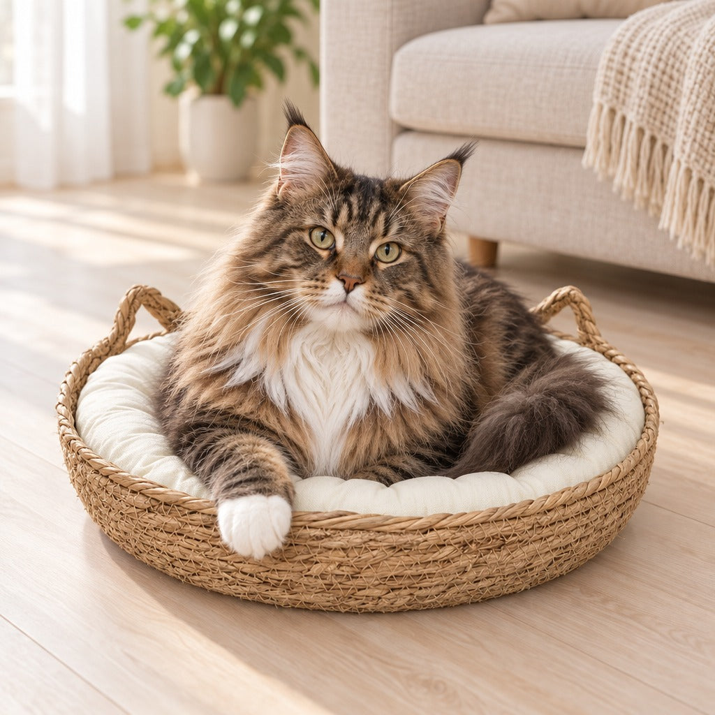 Chat Maine Coon brun tabby installé dans la corbeille en fibre végétale tressée avec son coussin écru uni, devant un canapé en lin.