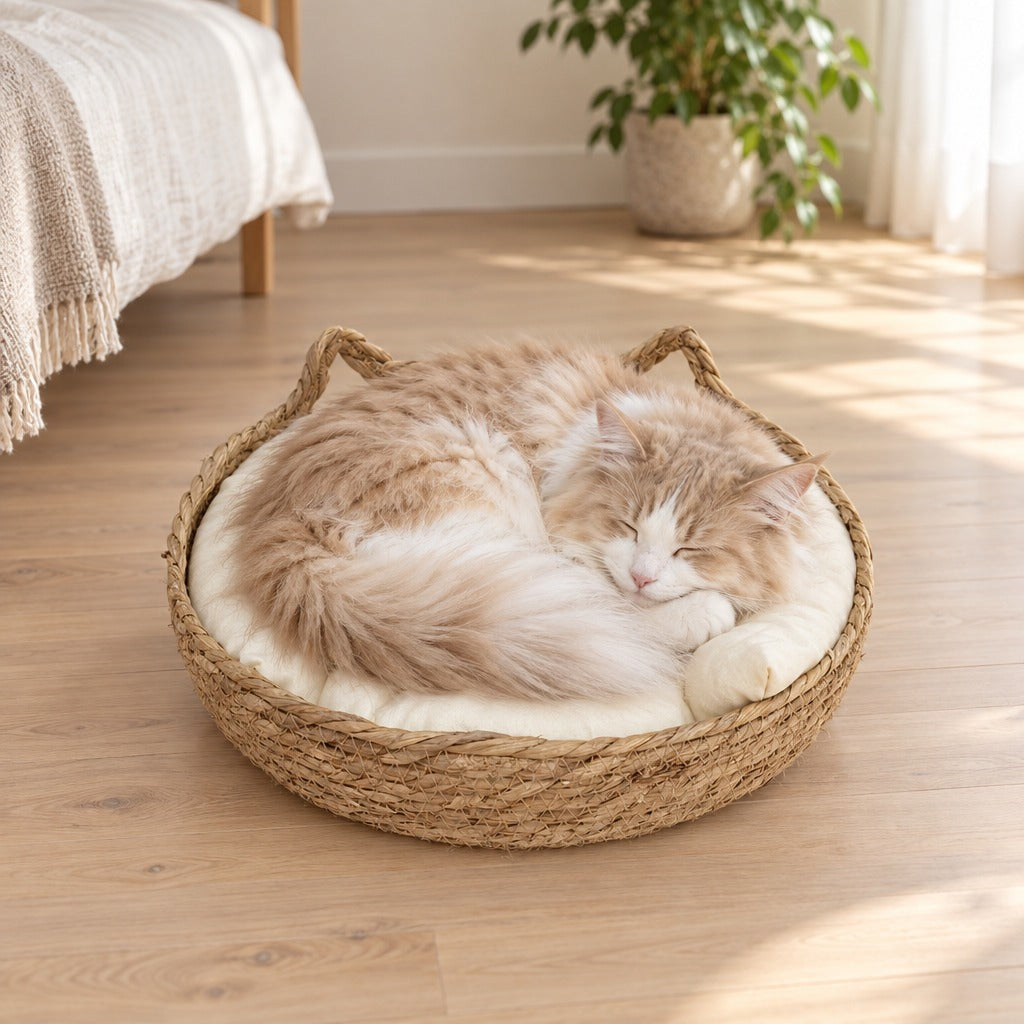 Chat norvégien crème et blanc endormi en boule dans la corbeille tressée posée au sol d'une chambre, sur son coussin écru uni.